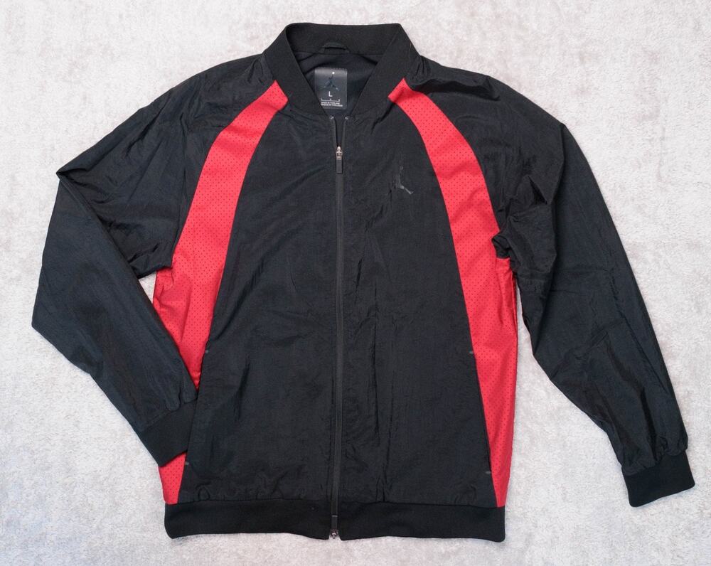 Nike Jordan Black Red Varsity Bomber Jacket Windbreaker Full Zip Mens Size L